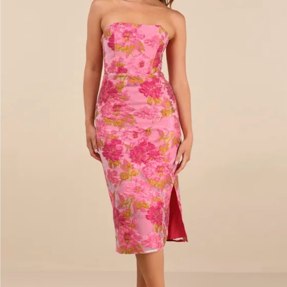 Lulu's Pink and Orange Ruched Strapless Midi Dress